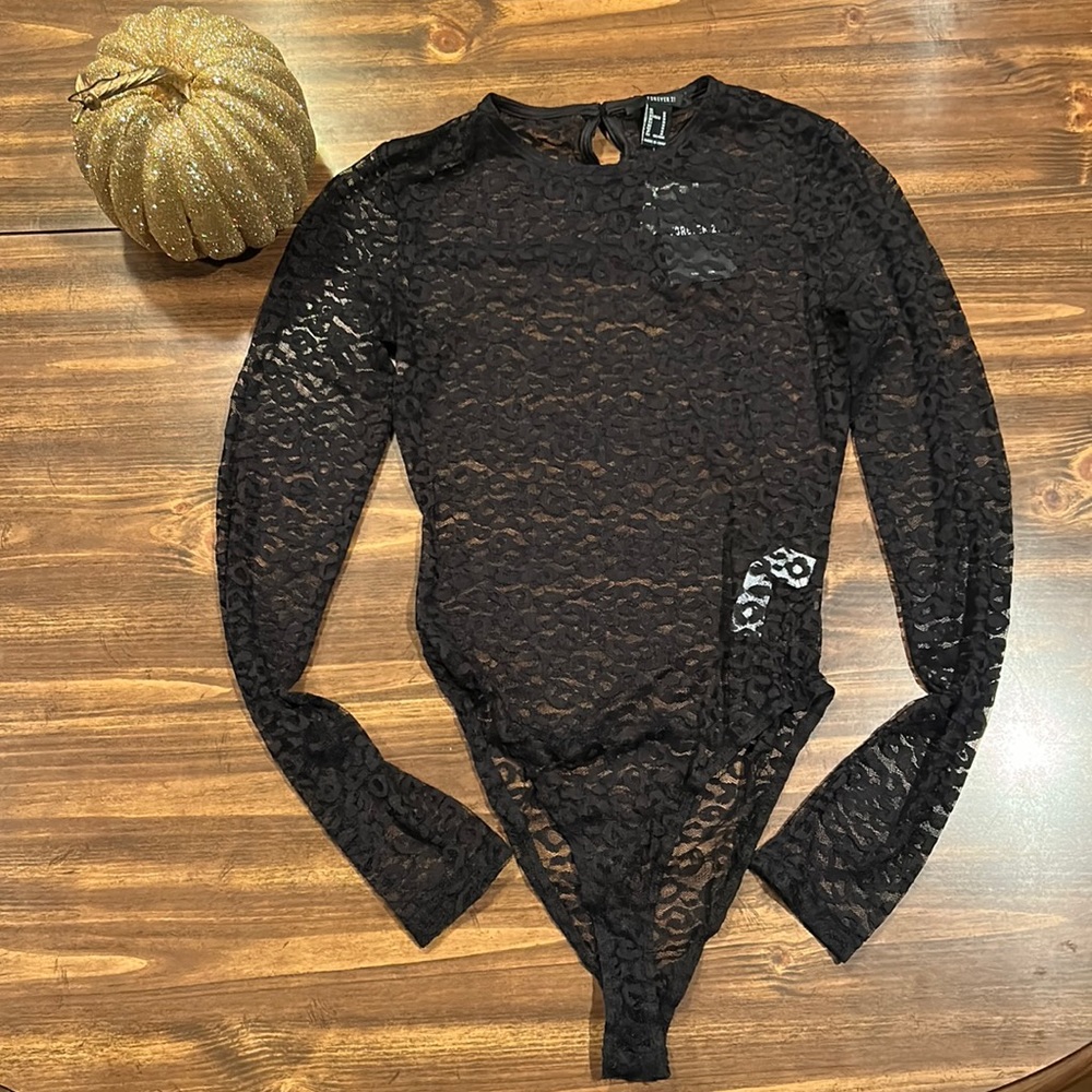 Forever 21- Mesh Cheetah Print Bodysuit- Black